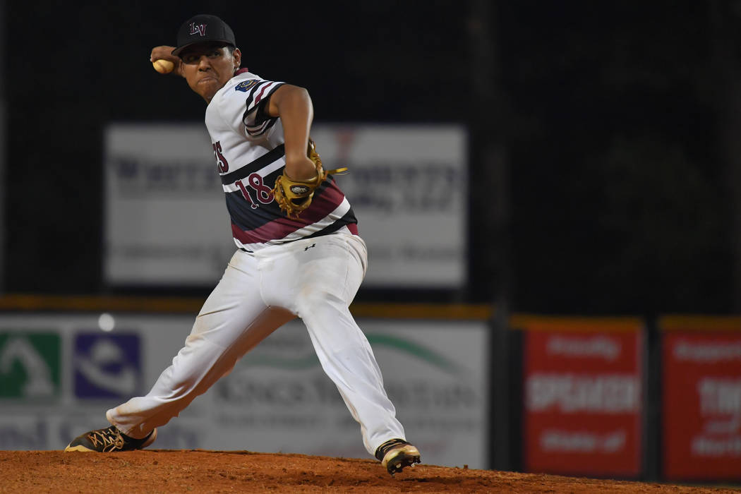 Desert Oasis Aces pitcher Jimmy Gamboa throws during the American Legion World Series at Keeter Stadium in Shelby, N.C., on Thursday, Aug. 16, 2018. Lucas Carter/The American Legion.