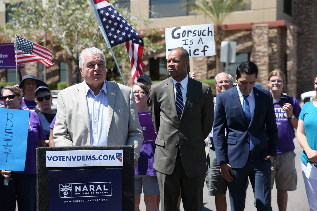 Democratic candidate for governor Steve Sisolak speaks during a rally hosted by the Nevada Democrats and NARAL to protest the Supreme Court pick outside of the office building of U.S. Sen. Dean He ...