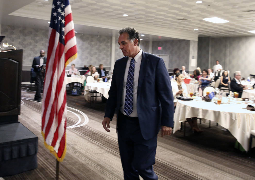 Danny Tarkanian, Republican candidate for the 3rd Congressional District, takes the podium during the Women's Chamber 2018 candidate forum luncheon event on Friday, Aug. 17, 2018, in Las Vegas. Bi ...