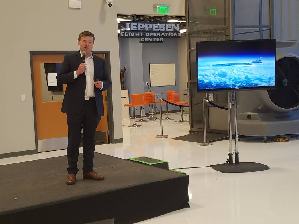 Blake Scholl, founder of Boom Supersonic, discusses his company's progress in developing a 55-seat supersonic airliner at a hangar at Centennial Airport in Englewood, Colorado, on Saturday, Aug. 1 ...
