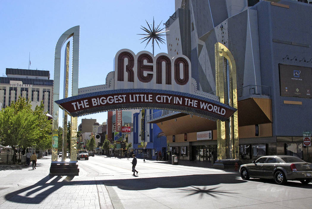 The famous Reno arch is seen on Virginia Street in downtown Reno. (AP Photo/Scott Sonner)