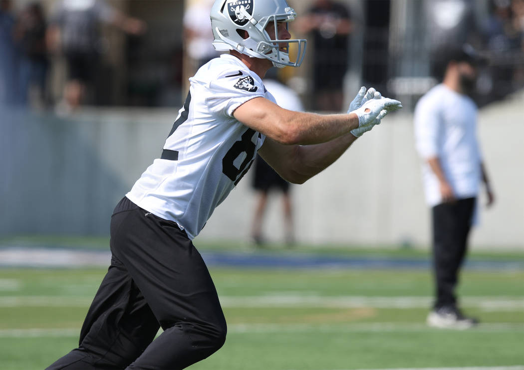 Oakland Raiders wide receiver Jordy Nelson (82) prepares to catch a football at the team's NFL training camp at the Napa Memorial Stadium in Napa, Calif., Saturday, July 28, 2018. Heidi Fang Las V ...