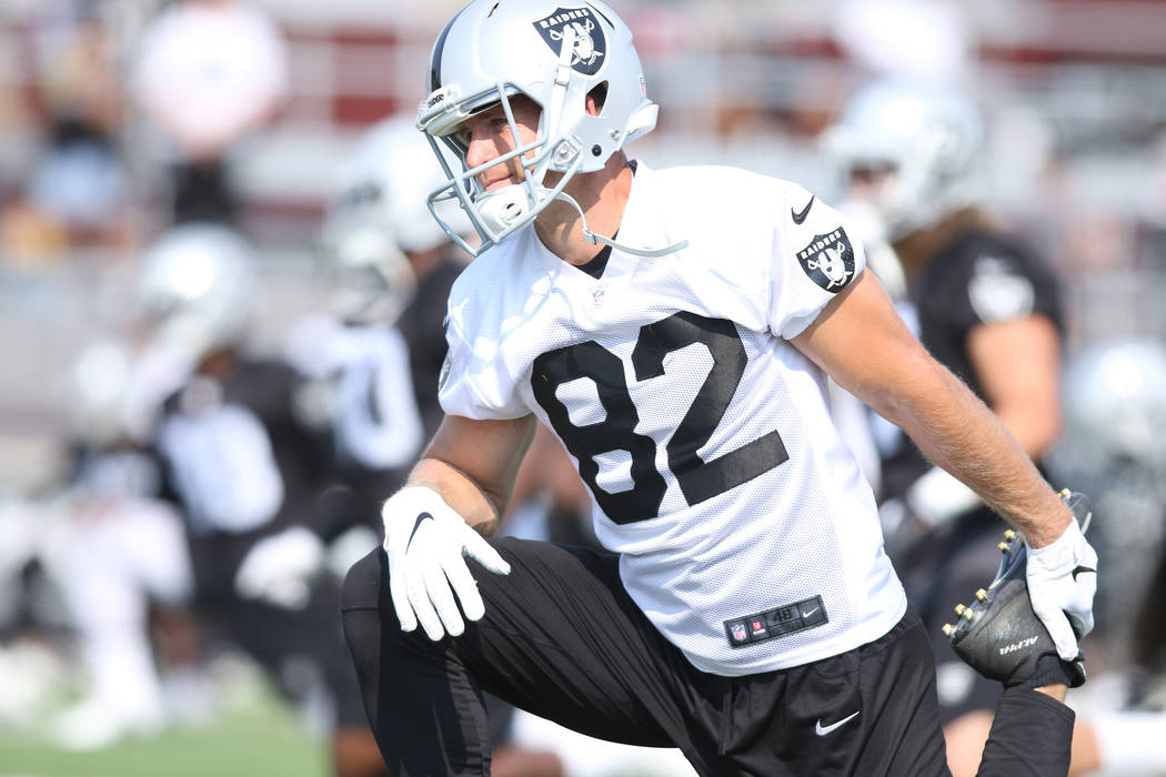 Oakland Raiders wide receiver Jordy Nelson (82) stretches at the team's NFL training camp at the Napa Memorial Stadium in Napa, Calif., Saturday, July 28, 2018. Heidi Fang Las Vegas Review-Journal ...
