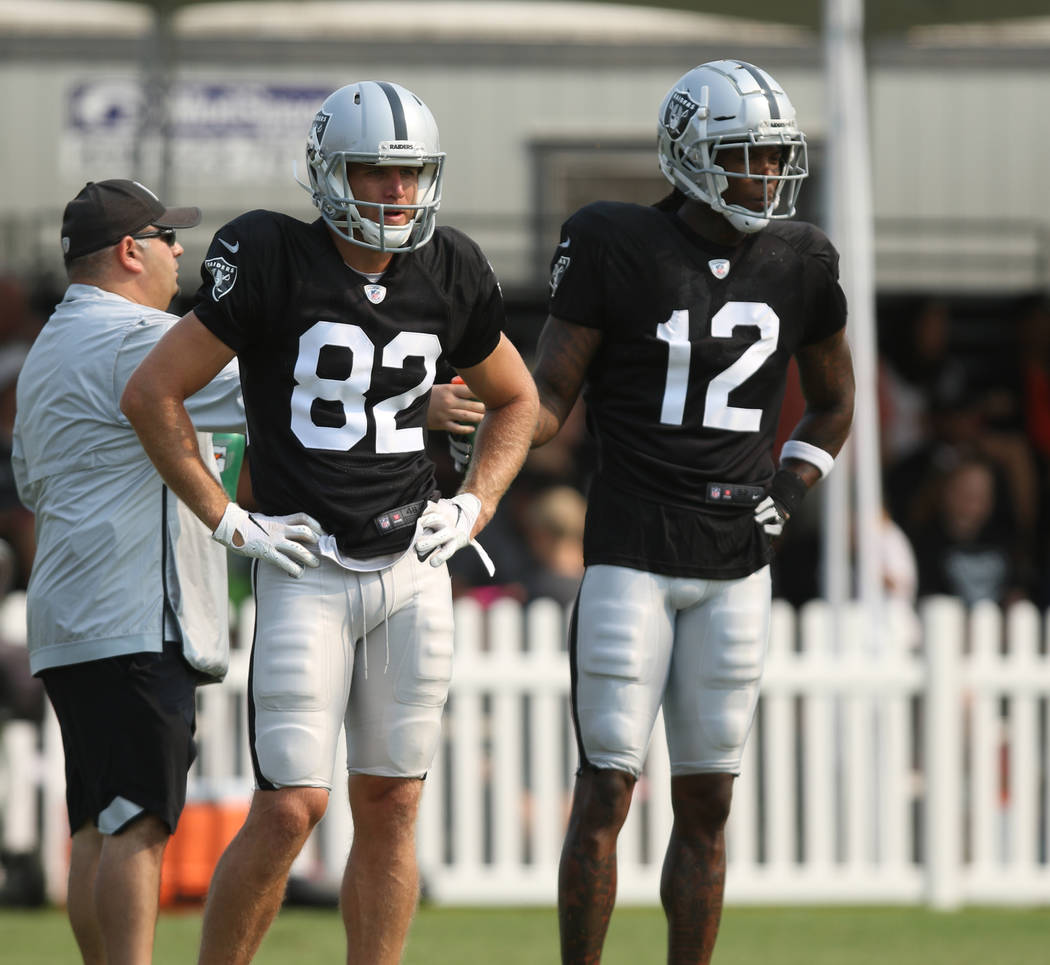 Oakland Raiders wide receivers Jordy Nelson (82) and Martavis Bryant (12) wait to go through a drill at the team's NFL training camp in Napa, Calif., Tuesday, Aug. 7, 2018. Heidi Fang Las Vegas Re ...