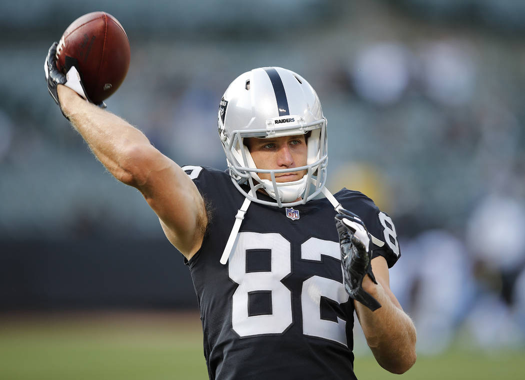 Oakland Raiders wide receiver Jordy Nelson (82) warms up before an NFL preseason football game against the Detroit Lions in Oakland, Calif., Friday, Aug. 10, 2018. (AP Photo/John Hefti)