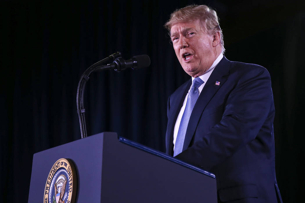 President Donald Trump speaks during the keynote address at the Nevada Republican Party State Convention at the Suncoast in Las Vegas on Saturday, June 23, 2018. Chase Stevens Las Vegas Review-Jou ...
