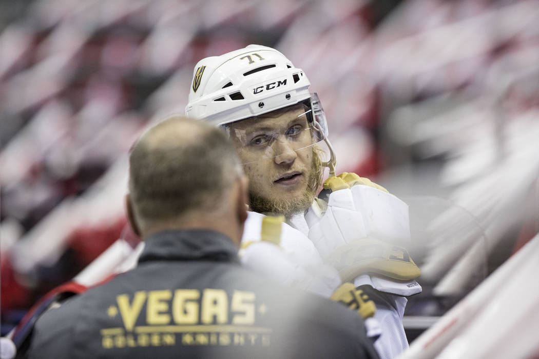 Golden Knights center William Karlsson (71) talks with head coach Gerard Gallant during practice leading up to Game 3 of the NHL Stanley Cup Final with the Washington Capitals on Saturday, June 2, ...
