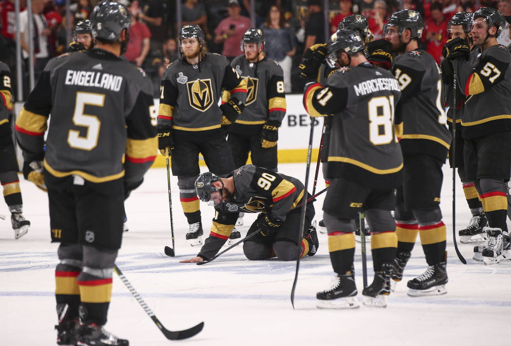 Golden Knights players react after losing in Game 5 of the Stanley Cup Final to the Washington Capitals at T-Mobile Arena in Las Vegas on Thursday, June 7, 2018. Chase Stevens Las Vegas Review-Jou ...
