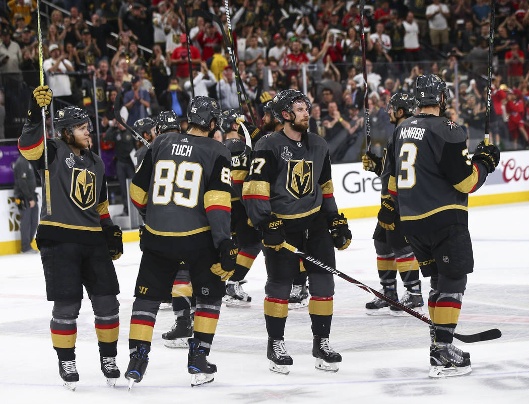 Golden Knights players react after losing in Game 5 of the Stanley Cup Final to the Washington Capitals at T-Mobile Arena in Las Vegas on Thursday, June 7, 2018. Chase Stevens Las Vegas Review-Jou ...