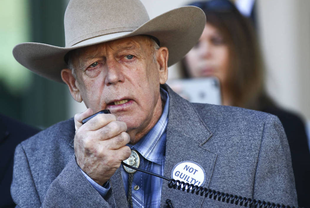 Rancher Cliven Bundy address supporters and journalists at Metropolitan Police Department headquarters two days after federal charges were dismissed against him in Las Vegas on Wednesday, Jan. 10, ...