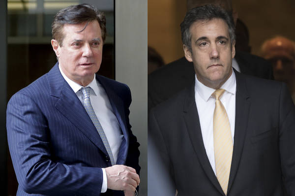 In these 2018 file photos, Paul Manafort leaves federal court in Washington, left and attorney Michael Cohen leaves federal court in New York. The one-two punch ahead of the midterm elections _ th ...