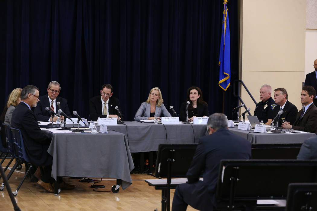 Secretary of the Department of Homeland Security Kirstjen M. Nielsen, center, attends a Federal Commission on School Safety Listening Session at the Miley Achievement Center in Las Vegas, Thursday ...