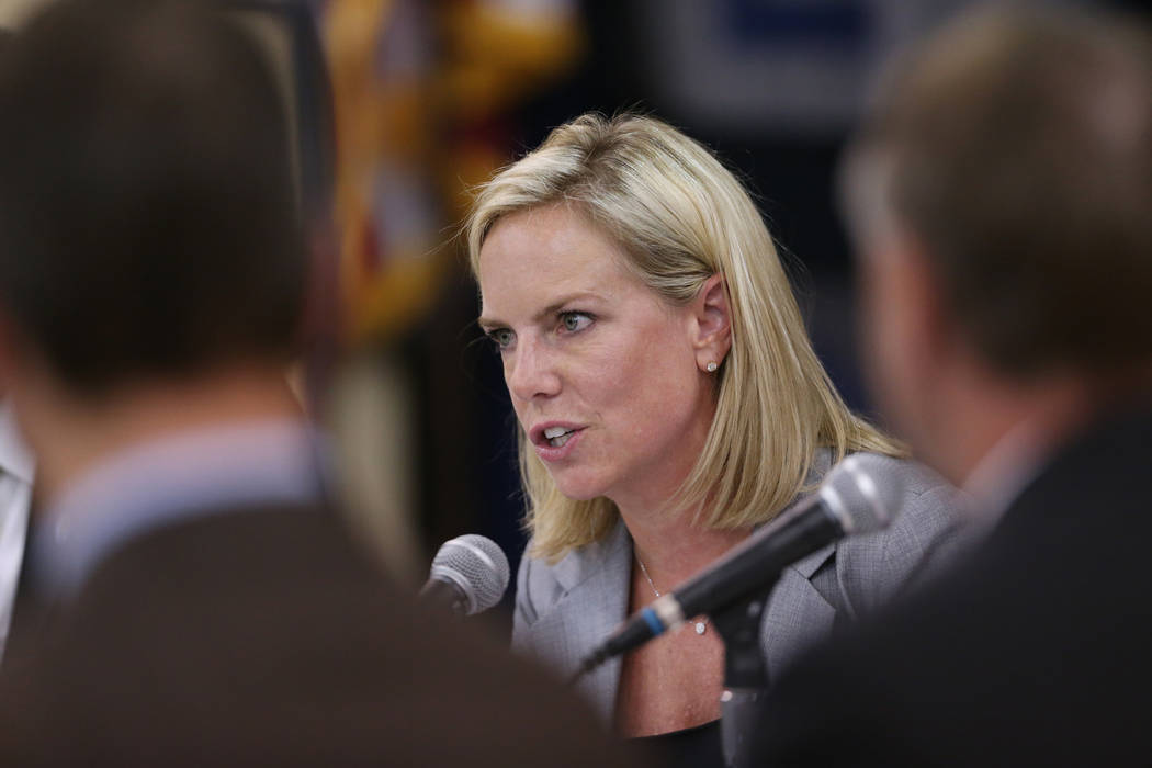Secretary of the Department of Homeland Security Kirstjen M. Nielsen speaks during a Federal Commission on School Safety Listening Session at the Miley Achievement Center in Las Vegas, Thursday, A ...