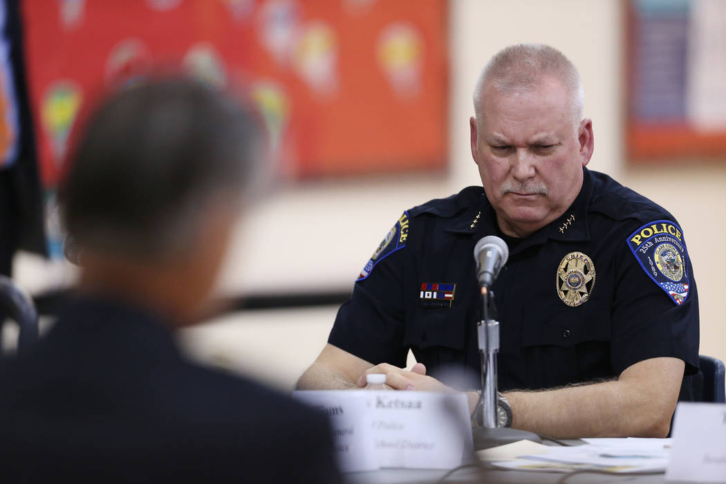 CCSD Chief of Police James Ketsaa participates during a Federal Commission on School Safety Listening Session at the Miley Achievement Center in Las Vegas, Thursday, Aug. 23, 2018. Erik Verduzco L ...