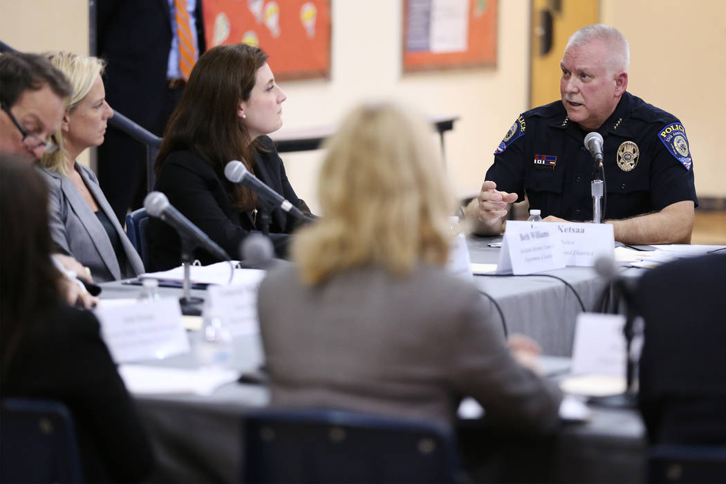 CCSD Chief of Police James Ketsaa, right, speaks during a Federal Commission on School Safety Listening Session at the Miley Achievement Center in Las Vegas, Thursday, Aug. 23, 2018. Erik Verduzco ...