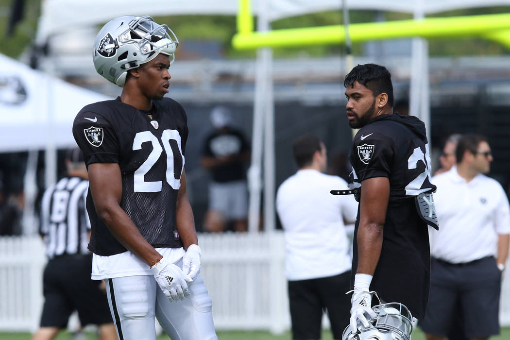 Oakland Raiders defensive backs Obi Melifonwu (20) and Shalom Luani (26) on the field at the team's NFL training camp in Napa, Calif., Sunday, July 29, 2018. Heidi Fang Las Vegas Review-Journal @H ...