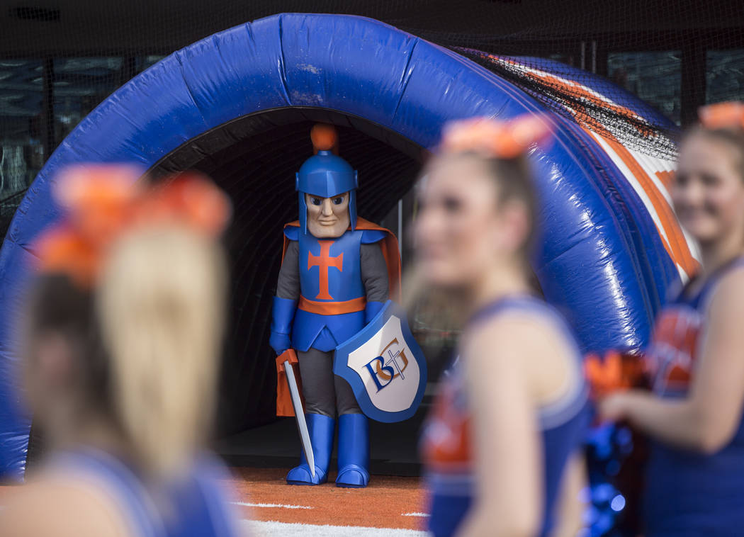 The Bishop Gorman mascot waits to take the field before the start of the Gaels home matchup with Mater Dei on Friday, Aug. 24, 2018, at Bishop Gorman High School, in Las Vegas. Benjamin Hager Las ...