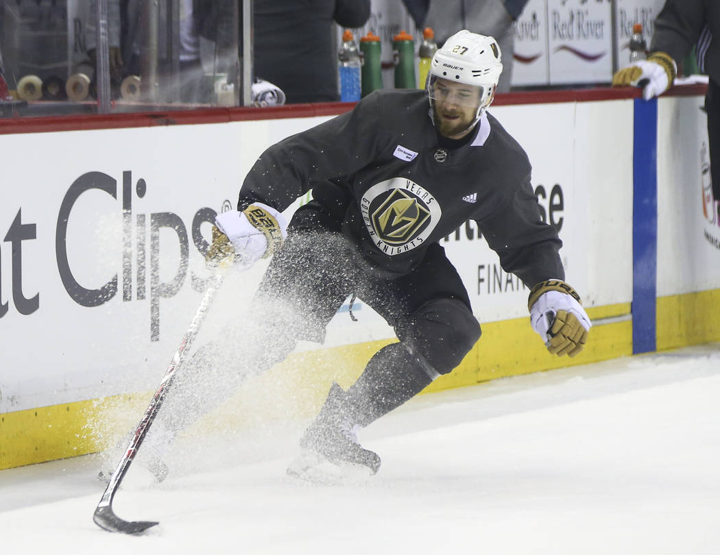 Golden Knights defenseman Shea Theodore (27) skates with the puck during practice at Capital One Arena in Washington on Friday, June 1, 2018. The Golden Knights are slated to face the Washington C ...