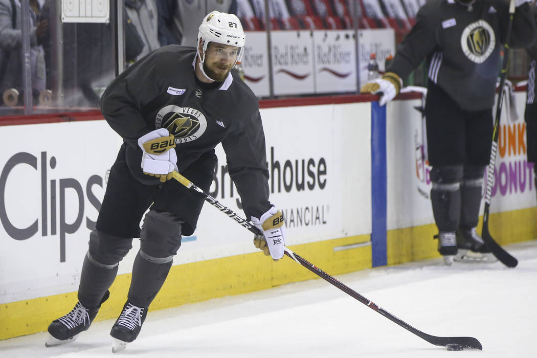 Golden Knights defenseman Shea Theodore (27) skates with the puck during practice at Capital One Arena in Washington on Friday, June 1, 2018. The Golden Knights are slated to face the Washington C ...
