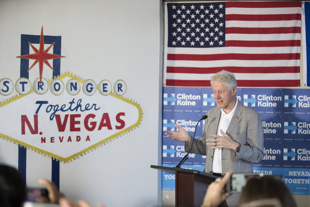 Former President Bill Clinton speaks during an unscheduled stop to a State Democratic Party field coordinated office canvass kickoff event on Thursday, Oct. 20, 2016, in North Las Vegas. Erik Verd ...