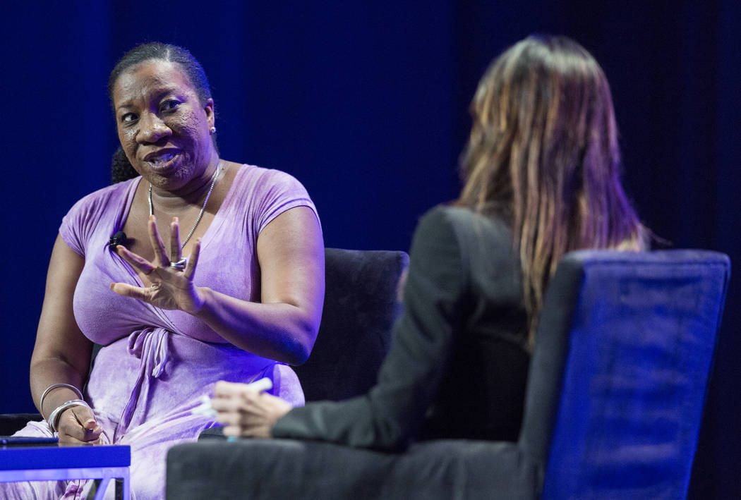 Tarana Burke, left, founder of the Me Too movement, speaks at the Women's Leadership Conference on Monday, Aug. 27, 2018, at the MGM Grand Conference Center, in Las Vegas. Benjamin Hager Las Vegas ...
