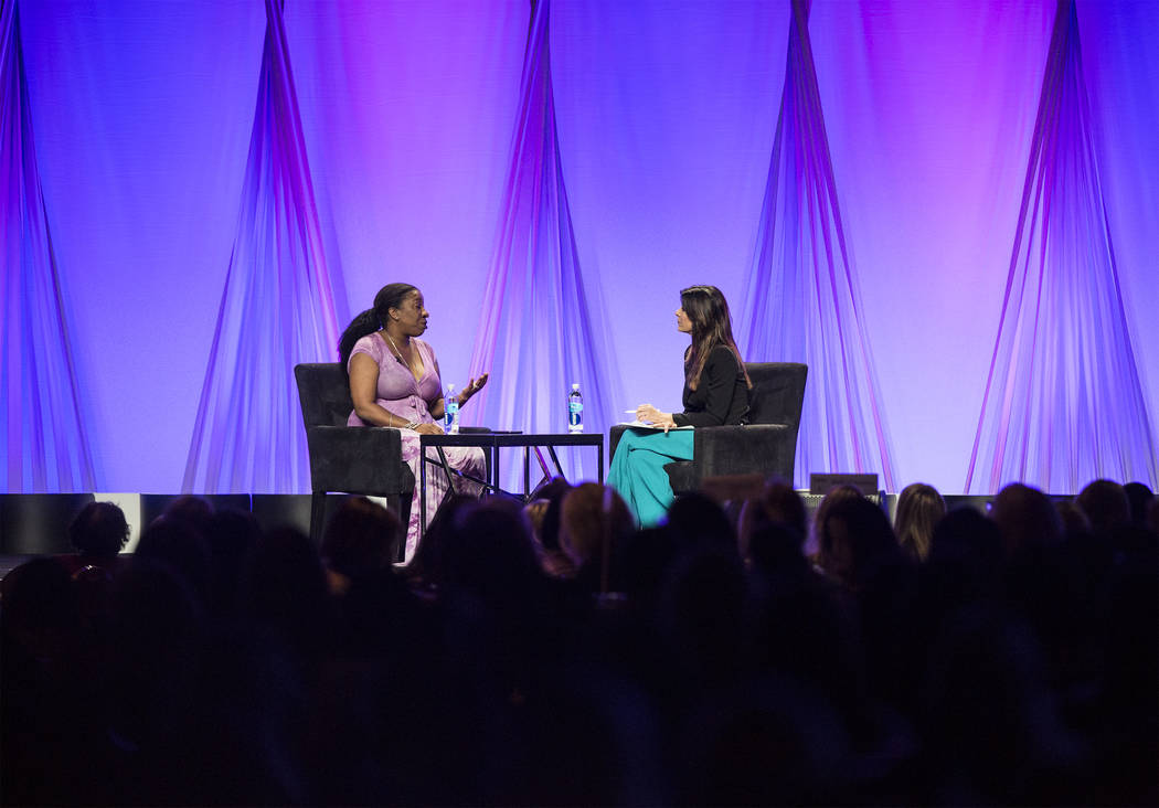 Tarana Burke, founder of the Me Too movement, speaks at the Women's Leadership Conference on Monday, Aug. 27, 2018, at the MGM Grand Conference Center, in Las Vegas. Benjamin Hager Las Vegas Revie ...