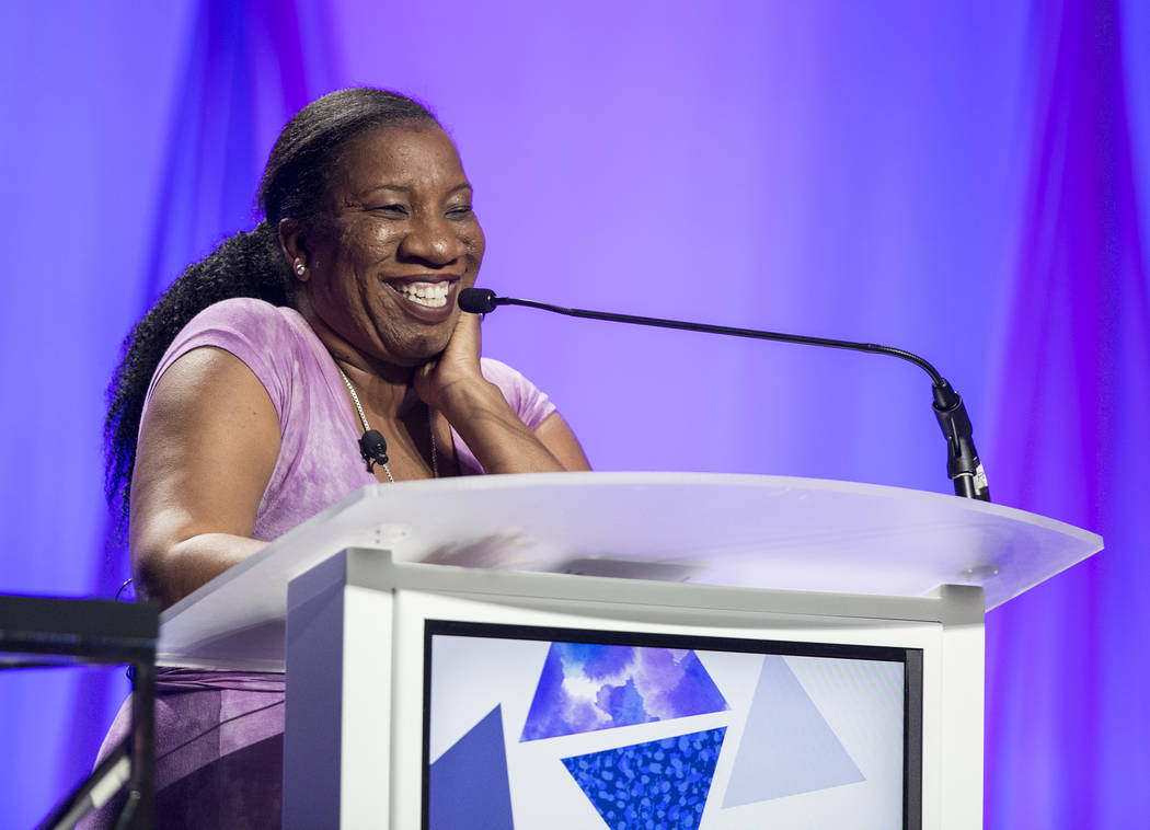 Tarana Burke, founder of the Me Too movement, speaks at the Women's Leadership Conference on Monday, Aug. 27, 2018, at the MGM Grand Conference Center, in Las Vegas. Benjamin Hager Las Vegas Revie ...