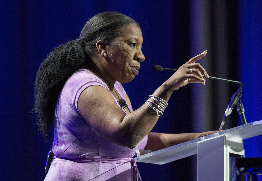 Tarana Burke, founder of the Me Too movement, speaks at the Women's Leadership Conference on Monday, Aug. 27, 2018, at the MGM Grand Conference Center, in Las Vegas. Benjamin Hager Las Vegas Revie ...