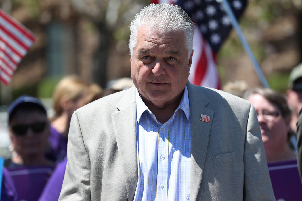 Democratic candidate for governor Steve Sisolak speaks during a rally hosted by the Nevada Democrats and NARAL to protest the Supreme Court pick outside of the office building of U.S. Sen. Dean He ...