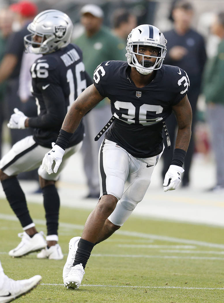 Oakland Raiders cornerback Dominique Rodgers-Cromartie (36) before an NFL preseason football game against the Green Bay Packers in Oakland, Calif., Friday, Aug. 24, 2018. (AP Photo/D. Ross Cameron)