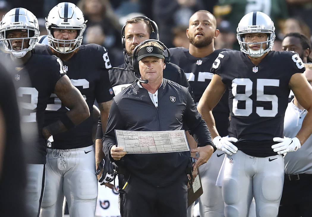 Oakland Raiders coach Jon Gruden, center, watches during the first half of the team's NFL preseason football game against the Green Bay Packers in Oakland, Calif., Friday, Aug. 24, 2018. (AP Photo ...