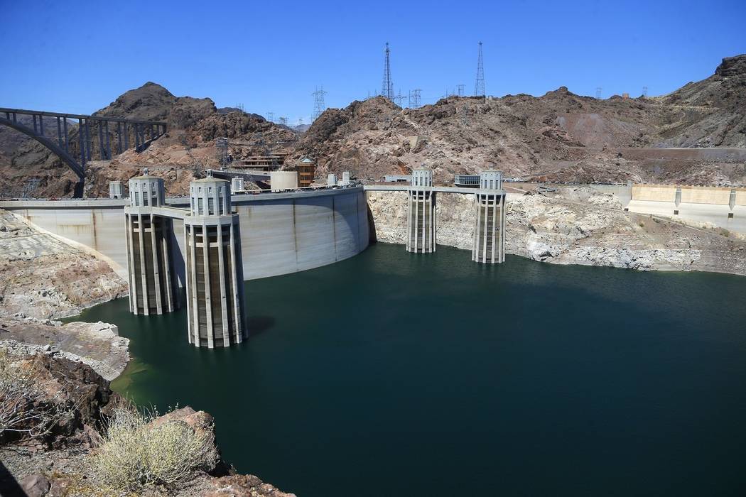 The low level of the water line is shown on the banks of the Colorado River at the Hoover Dam on May 31, 2018. (AP Photo/Ross D. Franklin)