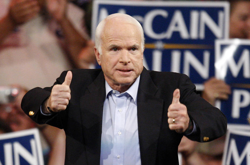 FILE - In this Nov. 3, 2008 file photo, Republican presidential candidate Sen. John McCain, R-Ariz., speaks during a rally in Henderson, Nev. McCain's family says the Arizona senator has chosen to ...