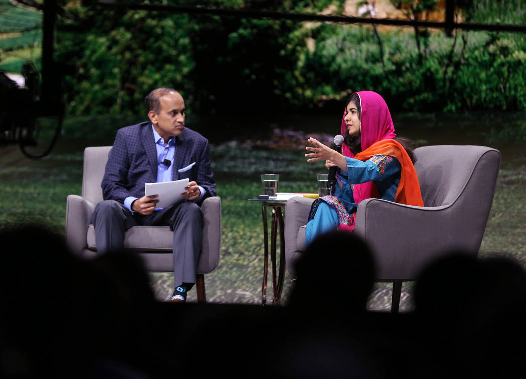 Nobel Peace Prize winner Malala Yousafzai speaks with VMware Chief Operating Officer Sanjay Poonen at VMworld 2018 at Mandalay Bay Tuesday, Aug. 28, 2018. K.M. Cannon Las Vegas Review-Journal @KMC ...