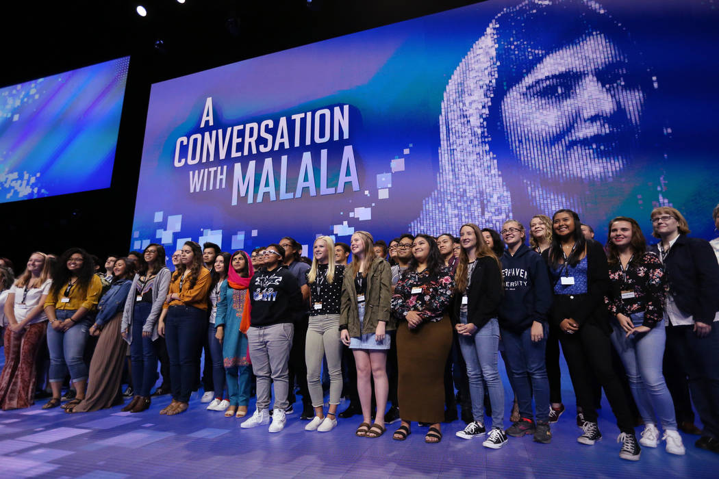 Nobel Peace Prize winner Malala Yousafzai takes a photo with students from Basic High School at VMworld 2018 at Mandalay Bay Tuesday, Aug. 28, 2018. K.M. Cannon Las Vegas Review-Journal @KMCannonPhoto
