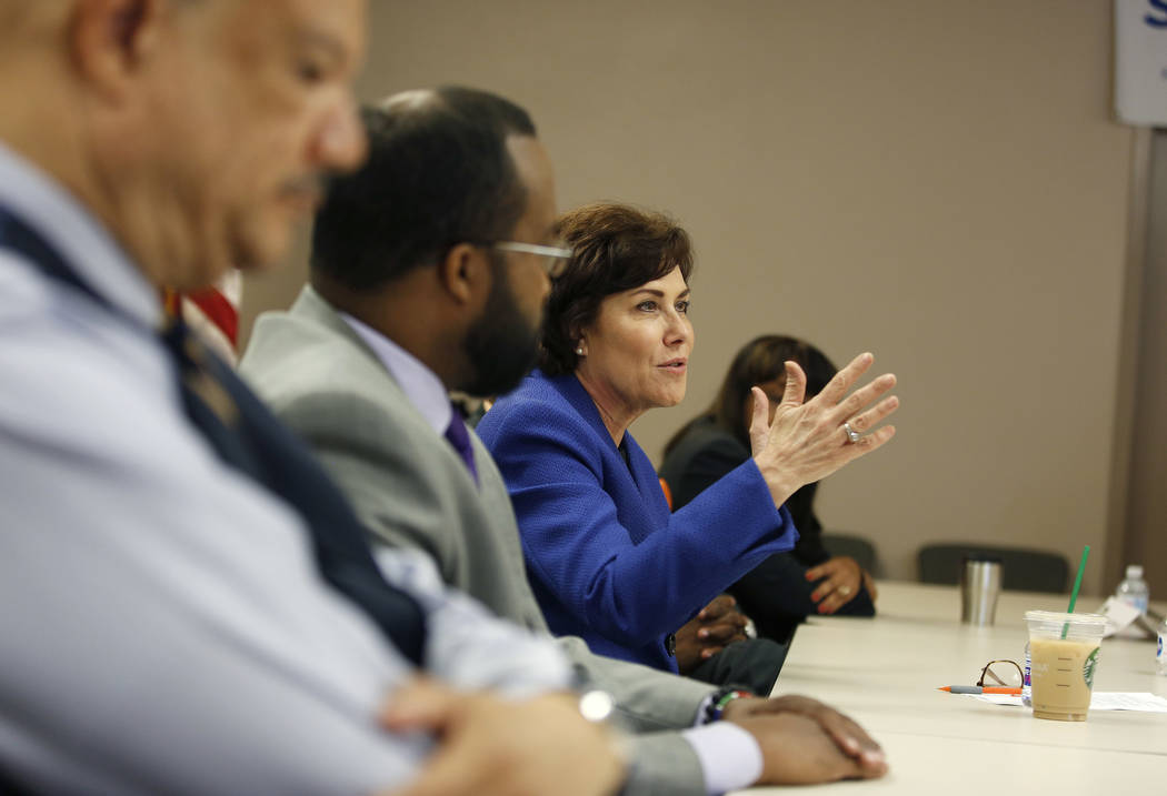 Rep. Jacky Rosen, D-Nev., speaks at a roundtable event at the Nevada Urban Chamber of Commerce, Wednesday, Aug. 29, 2018, in Las Vegas. (AP Photo/John Locher)