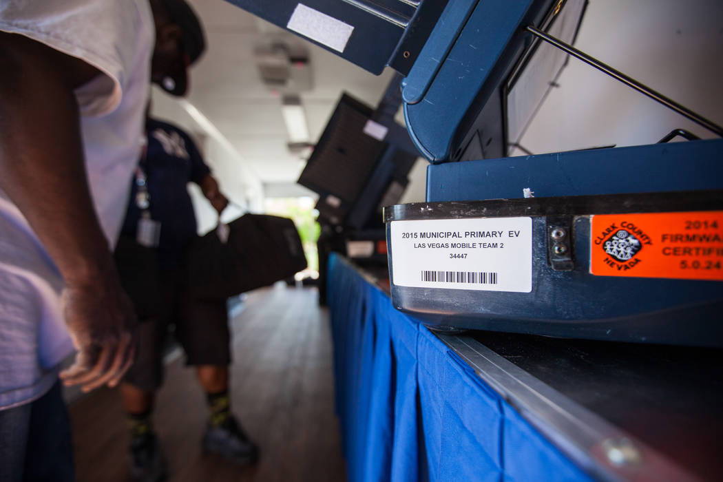 A tag is seen on a voting machine during set up in a mobile trailer for early voting for the Las Vegas municipal elections at Trails Village Center, 1940 Village Center Circle in the Summerlin are ...