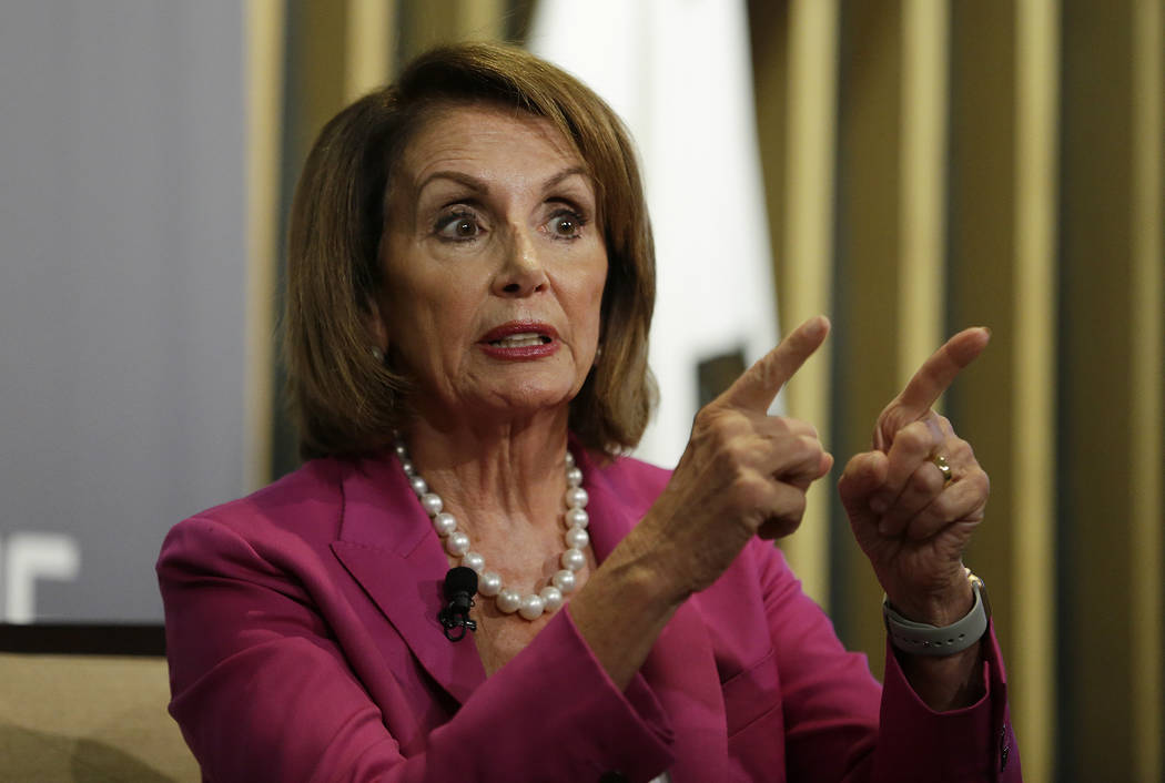 House Minority Leader Nancy Pelosi gestures while speaking at the Public Policy Institute of California Wednesday, Aug. 22, 2018, in San Francisco. (AP Photo/Eric Risberg)