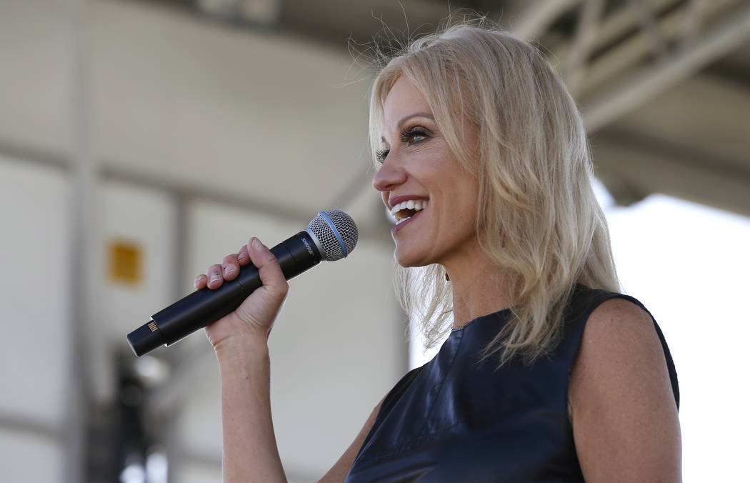 Kellyanne Conway speaks at the 4th annual Basque Fry in Gardnerville, Nev., on Saturday, Aug. 25, 2018. Hosted by the Morning in Nevada PAC, the event is a fundraiser for conservative candidates a ...