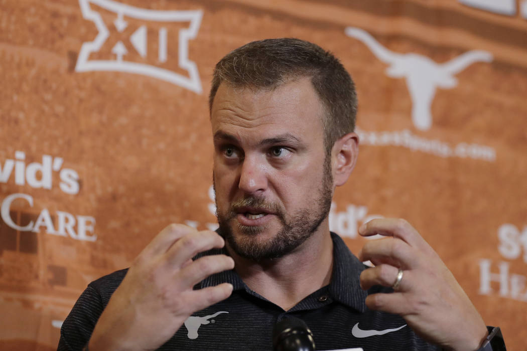 In this Aug. 2, 2018, file photo, Texas head coach Tom Herman responds to a question during an NCAA college football news conference, in Austin, Texas. (AP Photo/Eric Gay, File)