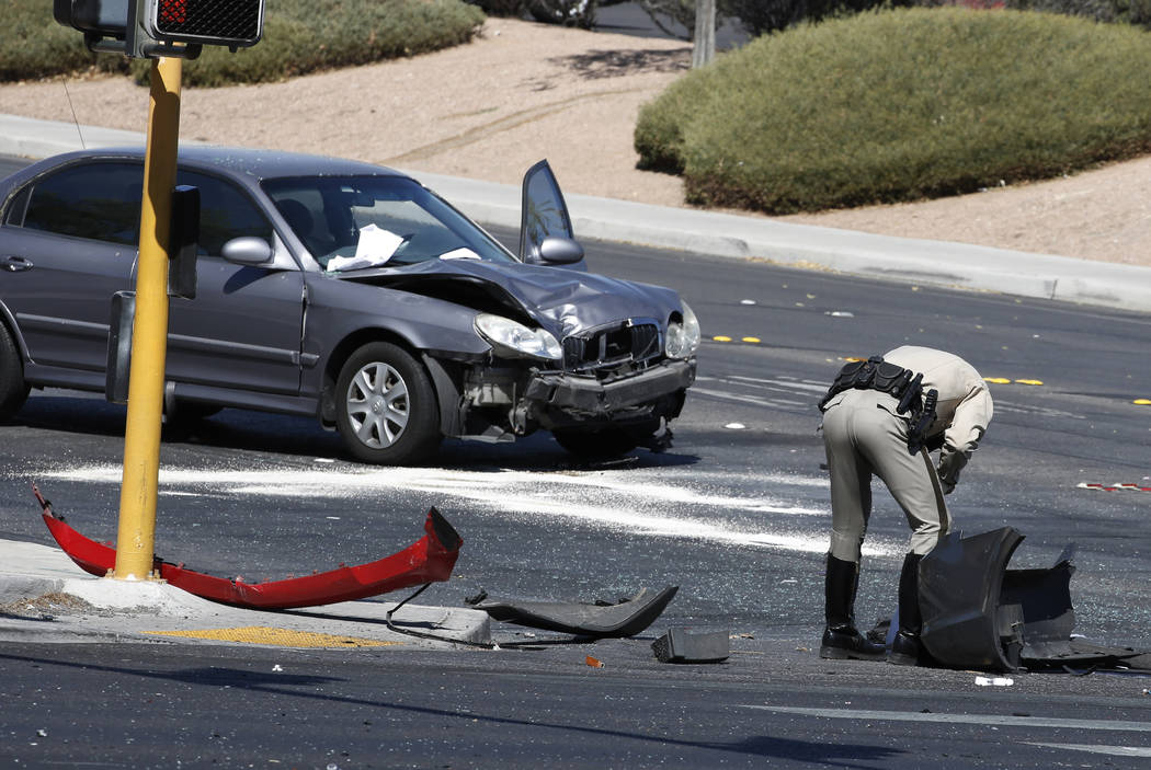 Las Vegas police are investigating a fatal three-vehicle crash at Eastern and Harmon avenues on Friday, Aug. 31, 2018, in Las Vegas. (Bizuayehu Tesfaye/Las Vegas Review-Journal) @bizutesfaye
