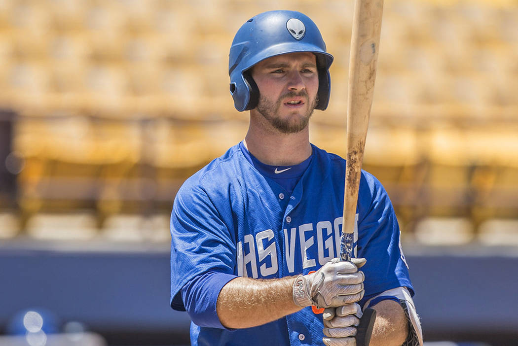 51s first baseman Peter Alonso (34) steps into the batters box during Las Vegas' home matchup with the Reno Aces on Sunday, June 24, 2018, at Cashman Field, in Las Vegas. (Benjamin Hager Las Vegas ...