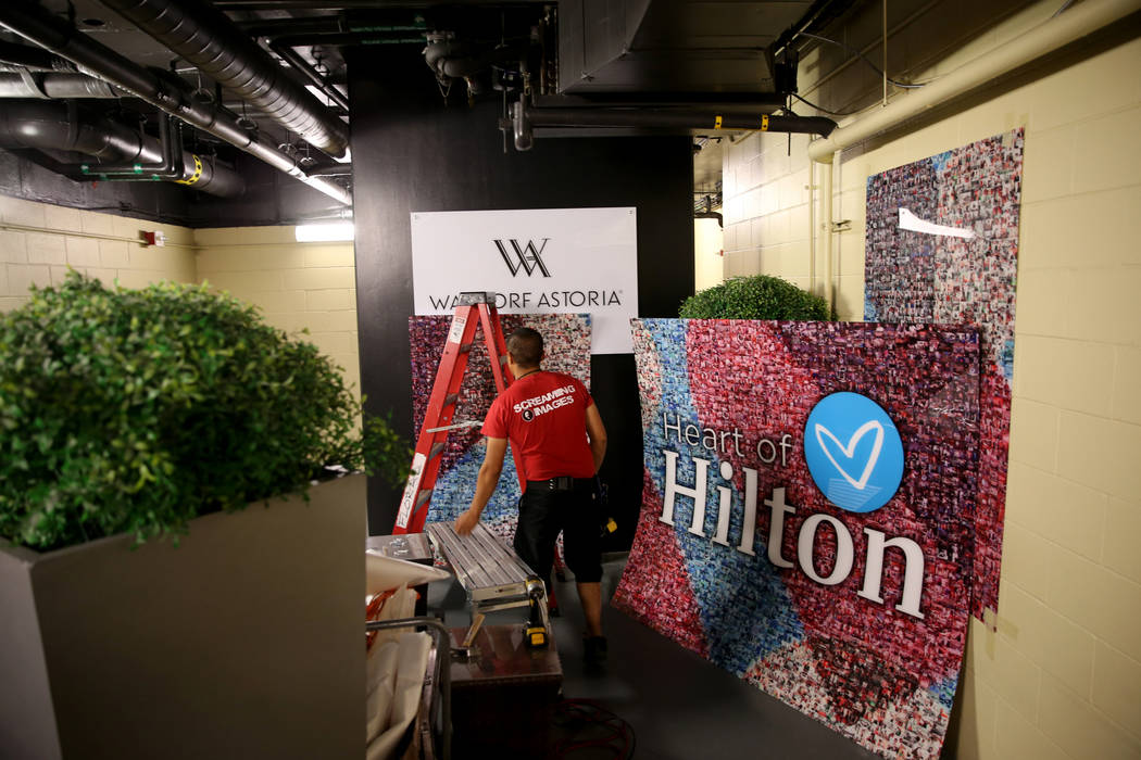 New signage in an employee area at the Waldorf Astoria on the first day for the new Las Vegas hotel formerly known as Mandarin Oriental on the Strip Friday, Aug. 31, 2018. Hilton Hotels started to ...