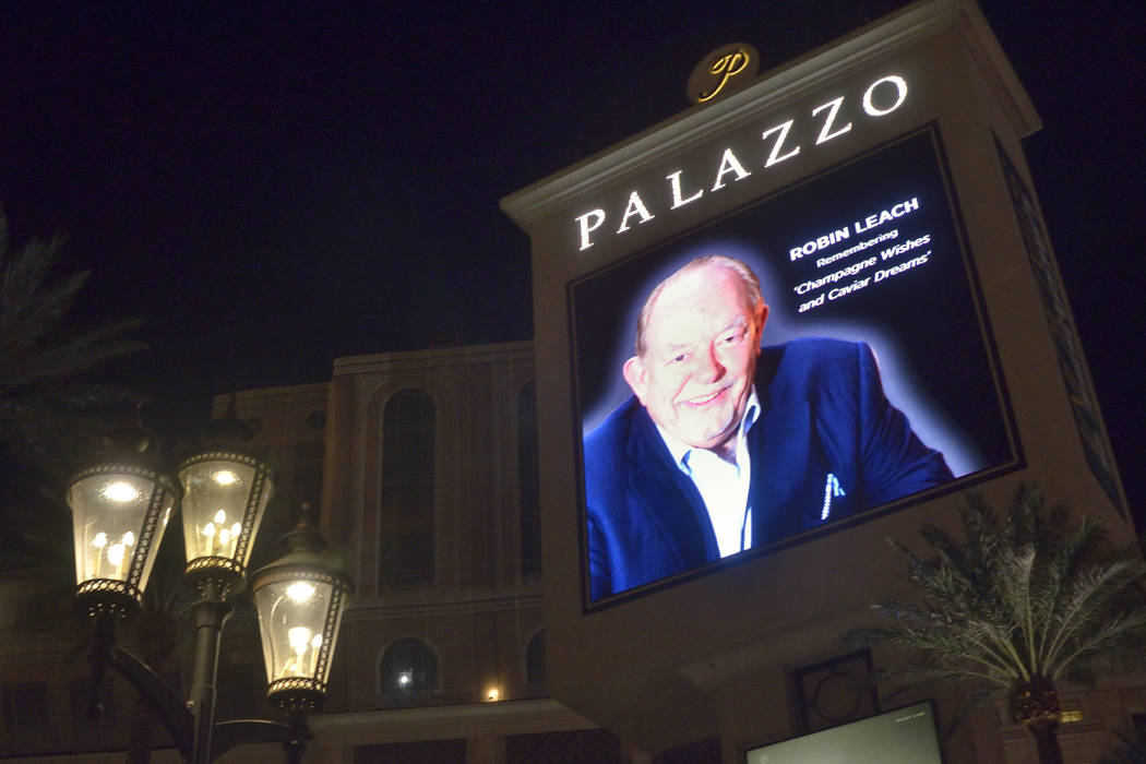 A marquee honoring celebrity columnist and “Lifestyles of the Rich and Famous” host Robin Leach is shown at the Palazzo hotel-casino at 3325 S. Las Vegas Blvd. after his death at the ...