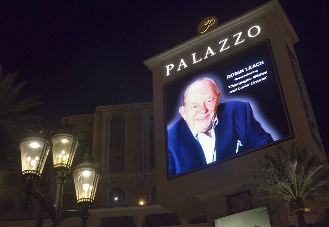 A marquee honoring celebrity columnist and “Lifestyles of the Rich and Famous” host Robin Leach is shown at the Palazzo hotel-casino at 3325 S. Las Vegas Blvd. after his death at the age of 76 ...