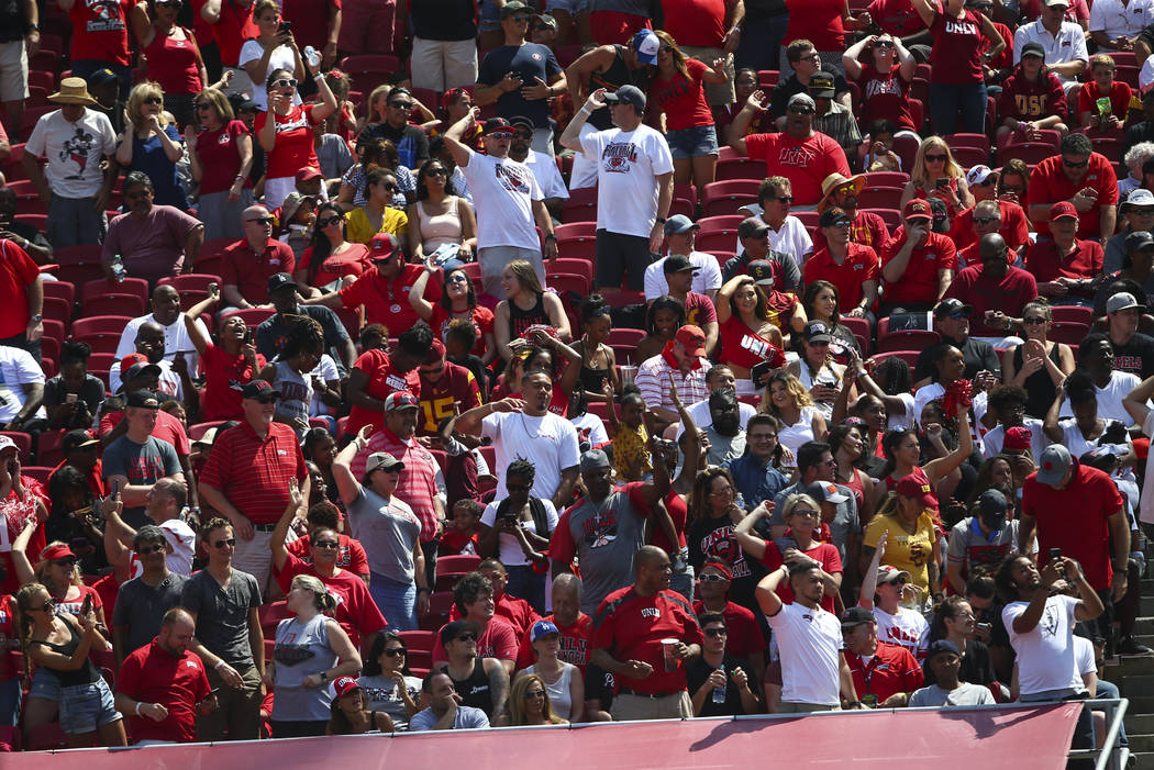 UNLV Rebels fans celebrate a touchdown against the USC Trojans during the first half of a football game at the Los Angeles Memorial Coliseum in Los Angeles on Saturday, Sept. 1, 2018. Chase Steven ...