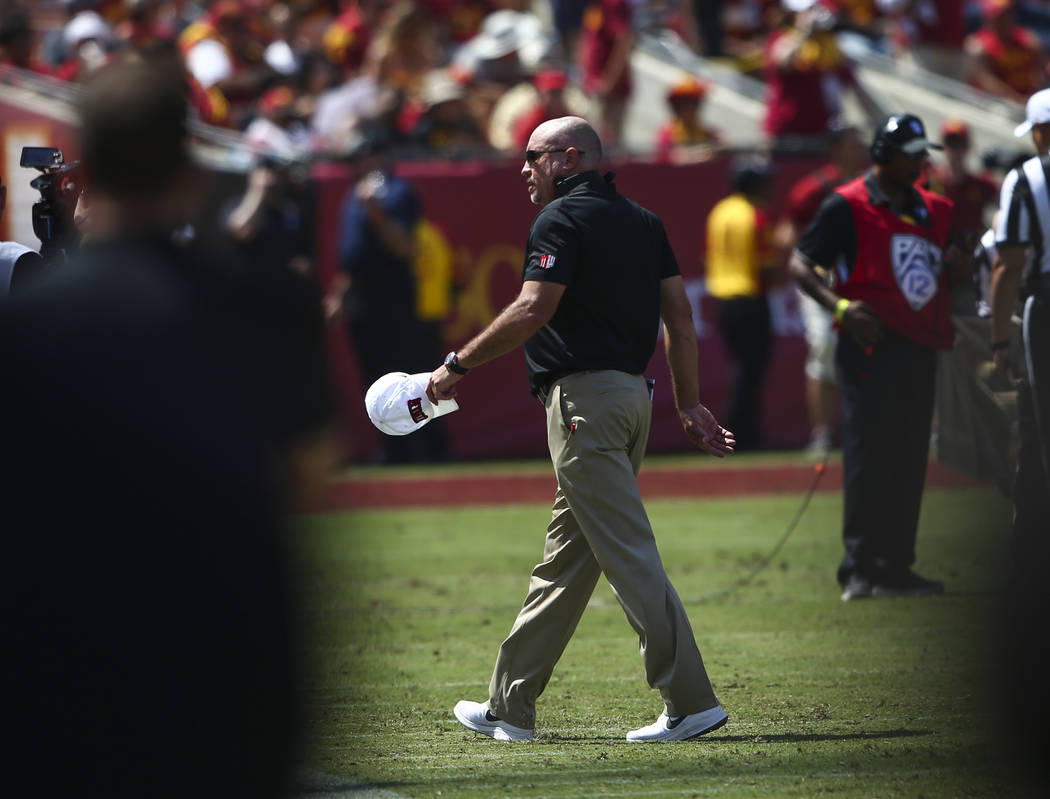 UNLV Rebels head coach Tony Sanchez during the first half of a football game against the USC Trojans at the Los Angeles Memorial Coliseum in Los Angeles on Saturday, Sept. 1, 2018. Chase Stevens L ...