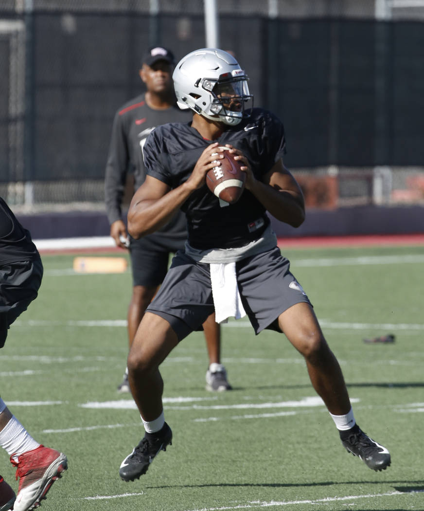 UNLV quarterback Armani Rogers prepares to throw pass during team practice on Wednesday, Sept. 5, 2018, in Las Vegas. (Bizuayehu Tesfaye/Las Vegas Review-Journal) @bizutesfaye