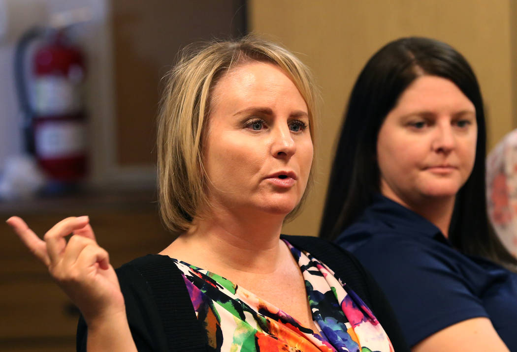 Kimberly Basham, left, Robert Taylor Elementary School principal, speaks as Meghan Vargo, site coordinator at Communities In Schools, looks on during an interview with the Las Vegas Review-Journal ...