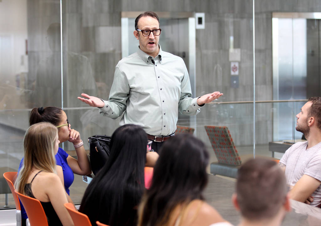 Todd Uglow teaches Special Events Management class in the Marriott Executive Kitchen in Hospitality Hall at UNLV Thursday, Aug. 30, 2018. K.M. Cannon Las Vegas Review-Journal @KMCannonPhoto